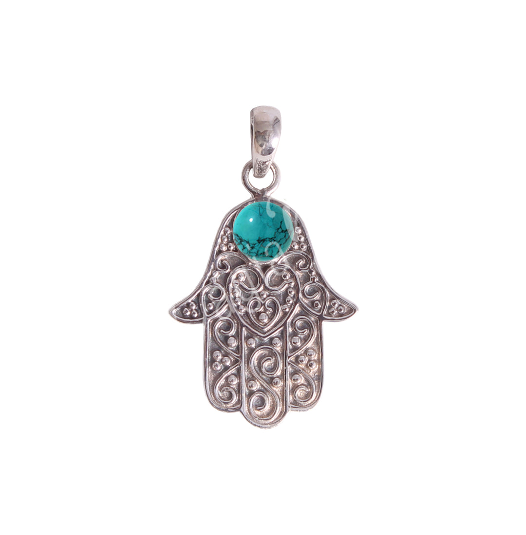 Sterling Silver Pendant Hand of Fatima Turquoise 1″W X 1.5″L