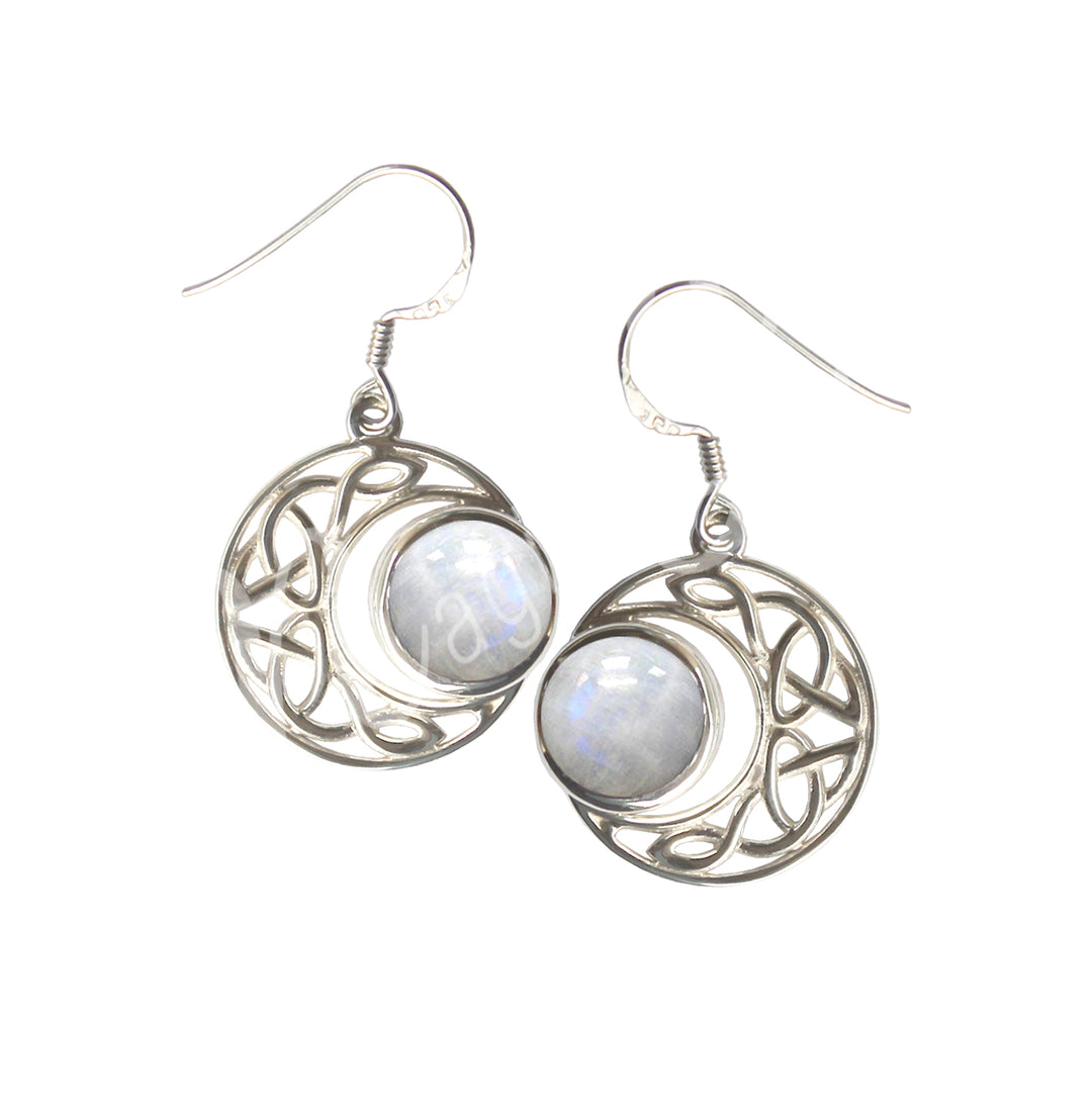 Sterling Silver Earrings Celtic Moon Rainbow Moonstone 1.15″L