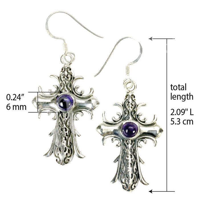 Sterling Silver Earrings Medieval Cross Amethyst 0.75″W X 1.75″L
