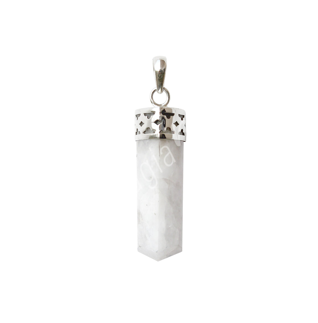 Sterling Silver Pendant Polished Point Rainbow Moonstone 1.5″L