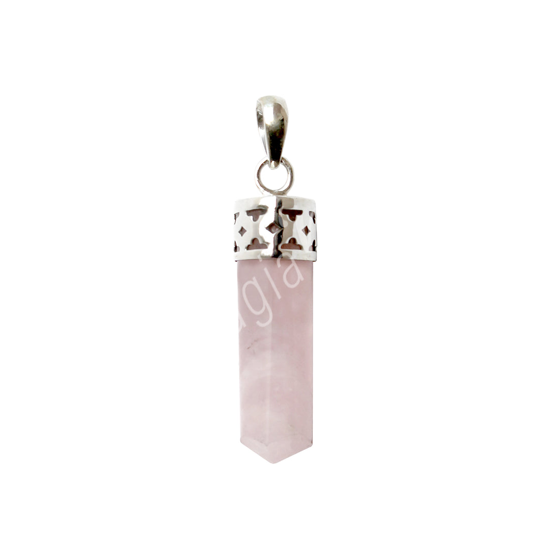 Colgante de Plata Esterlina con Punta Pulida de Cuarzo Rosa 1.5″