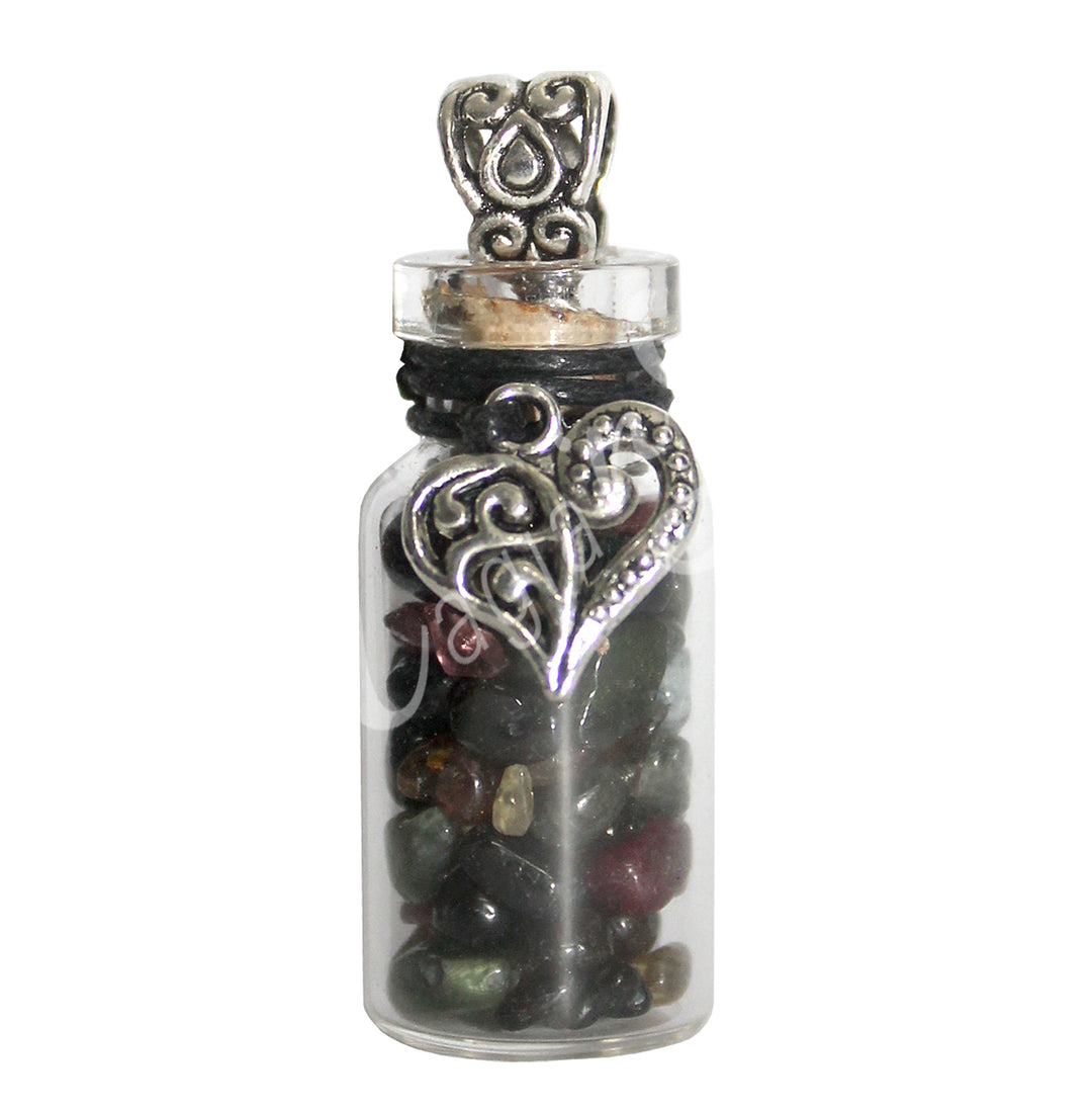 NECKLACE CHIPS STONES IN BOTTLE TOURMALINE, MIXED WITH HEART 1.5″H