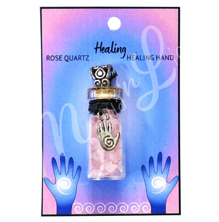 NECKLACE CHIPS STONES IN BOTTLE ROSE QUARTZ WITH SPIRAL HAND 1.5″H