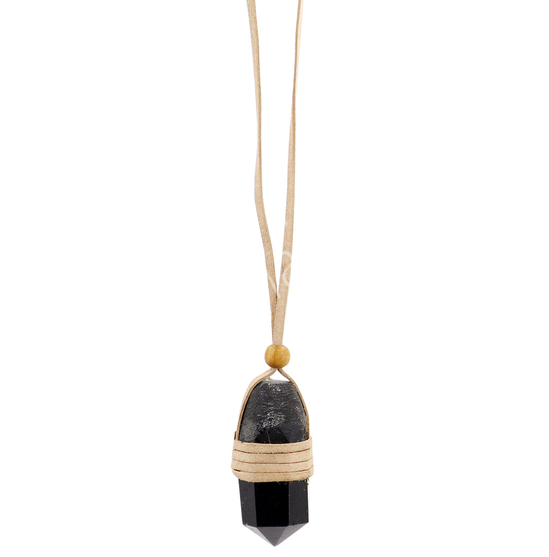 NECKLACE POINT TOURMALINE, BLACK WRAPPED WITH LEATHER CORD (PK 3) 28″L