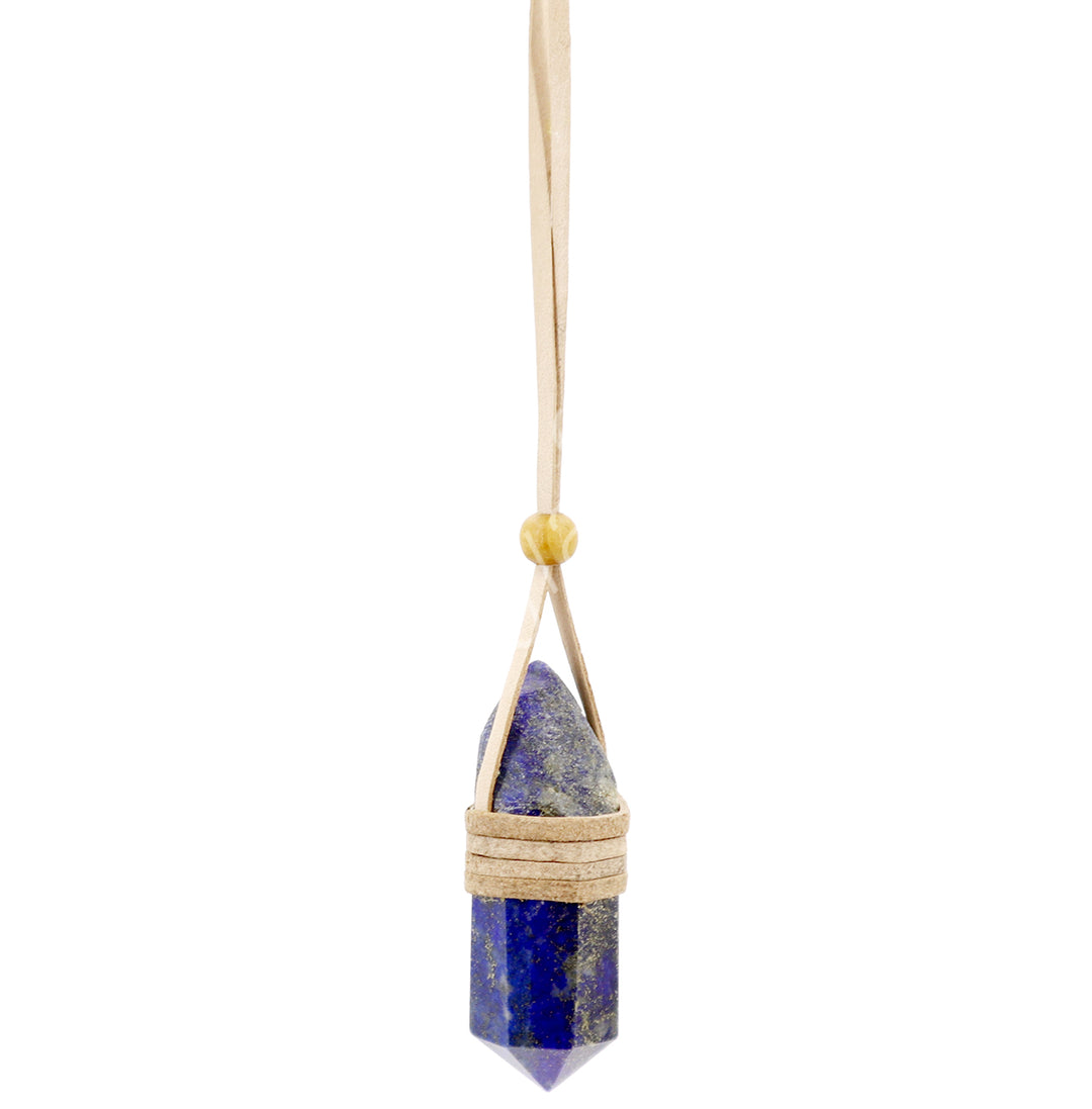 NECKLACE POINT LAPIS LAZULI WRAPPED WITH NATURAL LEATHER (PK 3) 28″L