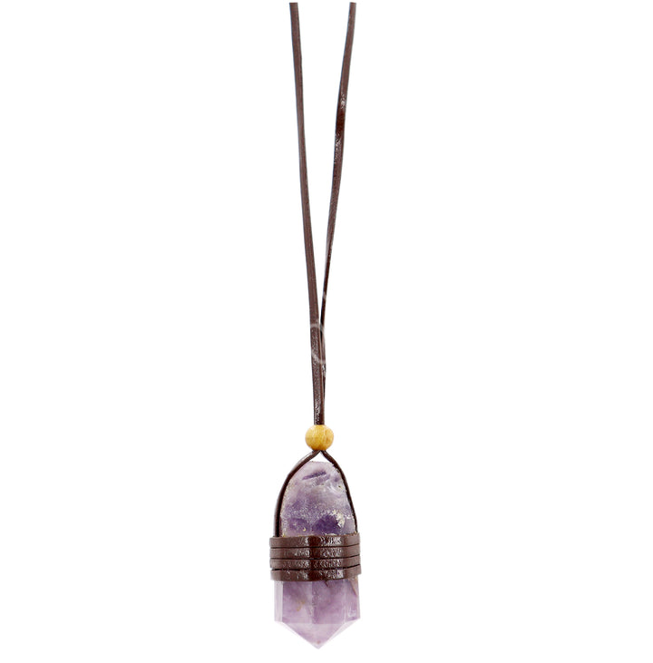 Necklace Point Amethyst Wrapped w Leather
