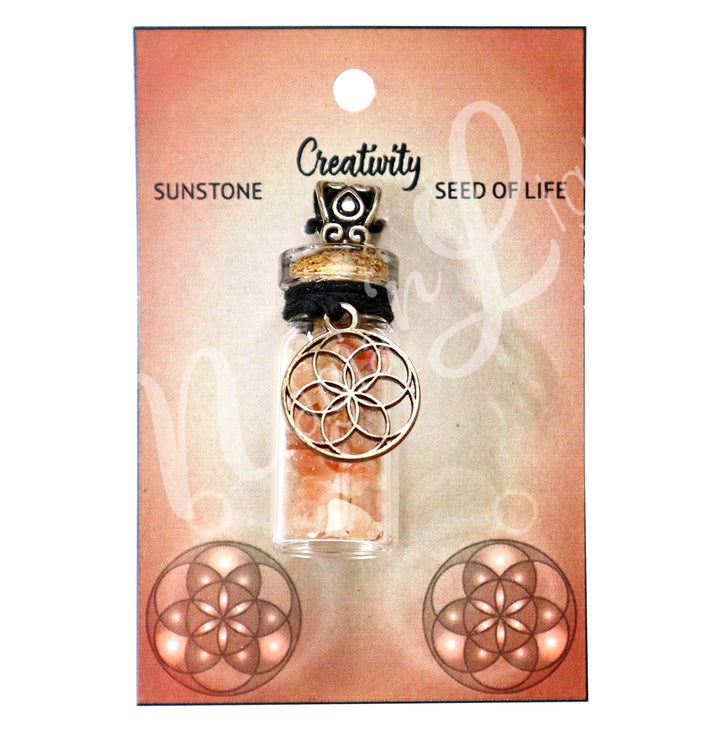 NECKLACE CHIPS STONES IN BOTTLE SUNSTONE WITH SEED OF LIFE 1.5”H