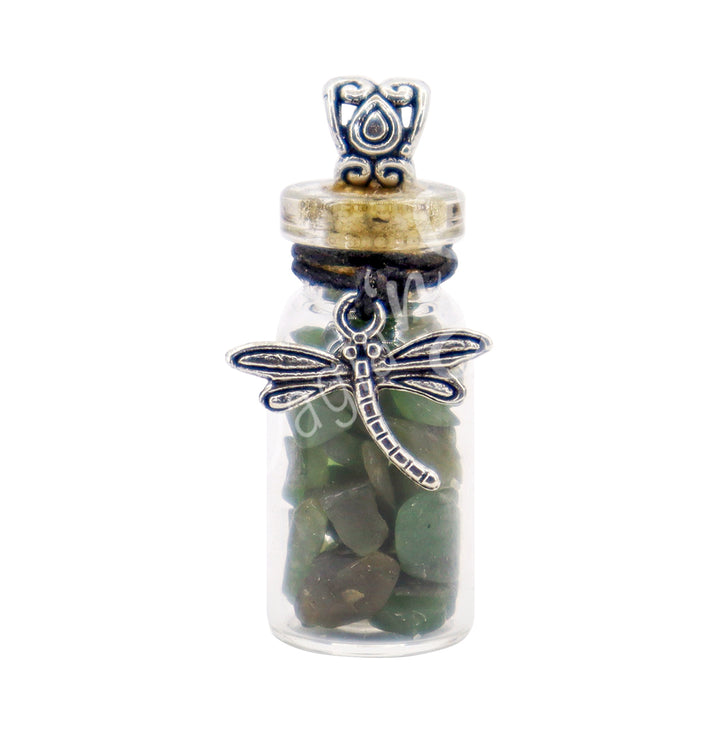 NECKLACE CHIPS STONES IN BOTTLE AVENTURINE, GREEN WITH DRAGONFLY 1.5″H