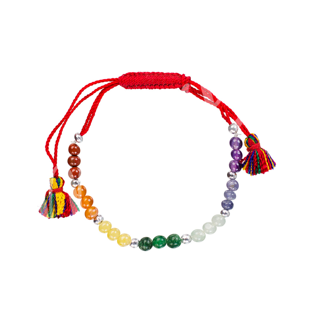 Bracelet Adjustable Chakras w Tassels (6mm) 6.75-9.75"