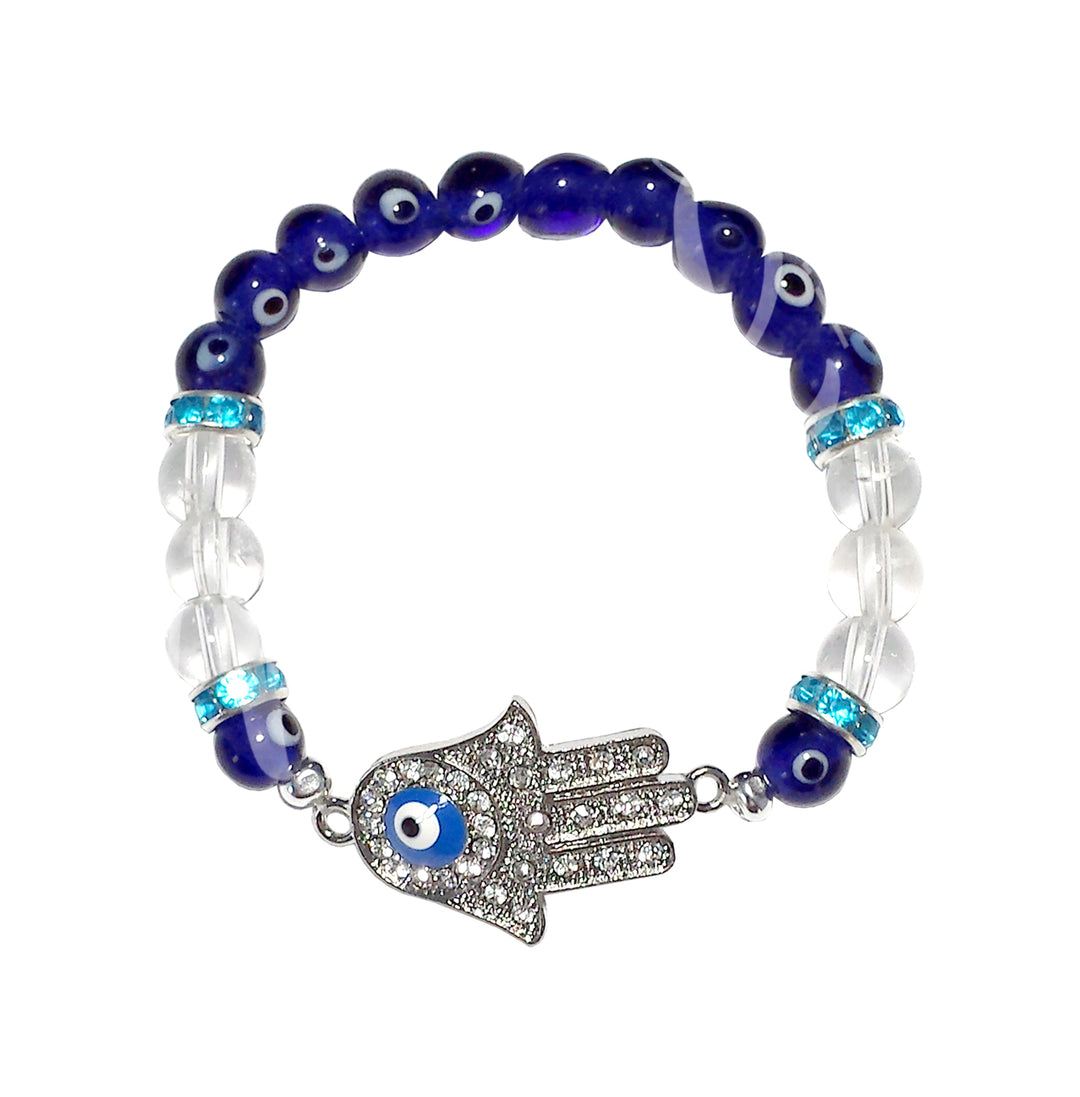 Bracelet Crystal Quartz Evil Eye Beads with Hand of Fatima (8mm) 7.25