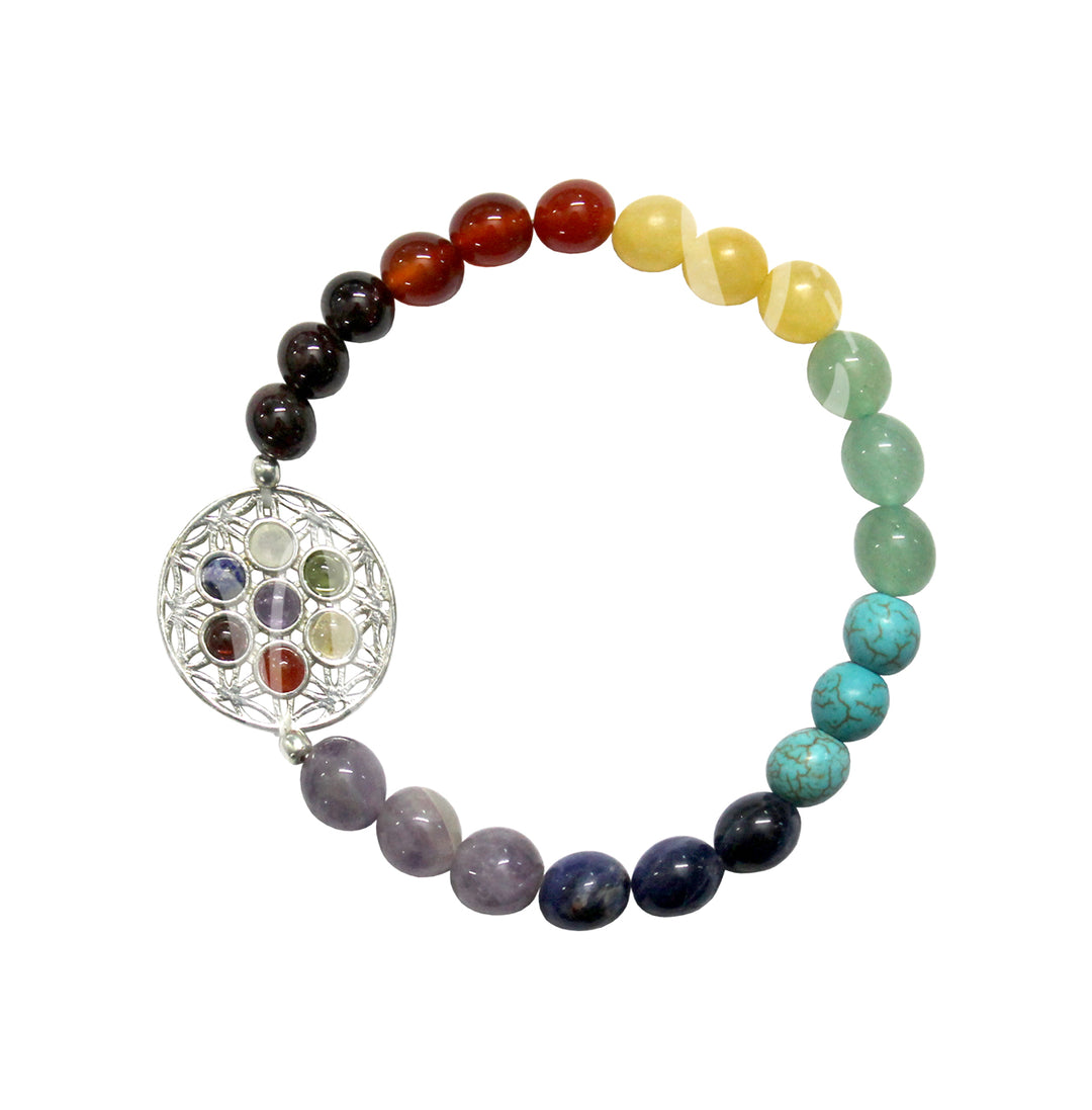Bracelet Chakras with Flower of Life Charm (8-8.5mm) 7.15-7.25"