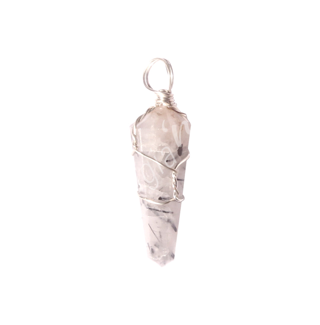 Pendant Wire Wrap Quartz with Black Tourmaline 1″