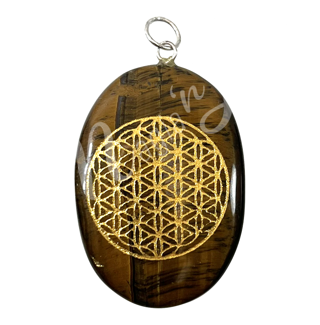 Pendant Worry Stone Tiger Eye with Flower of Life 1.75"