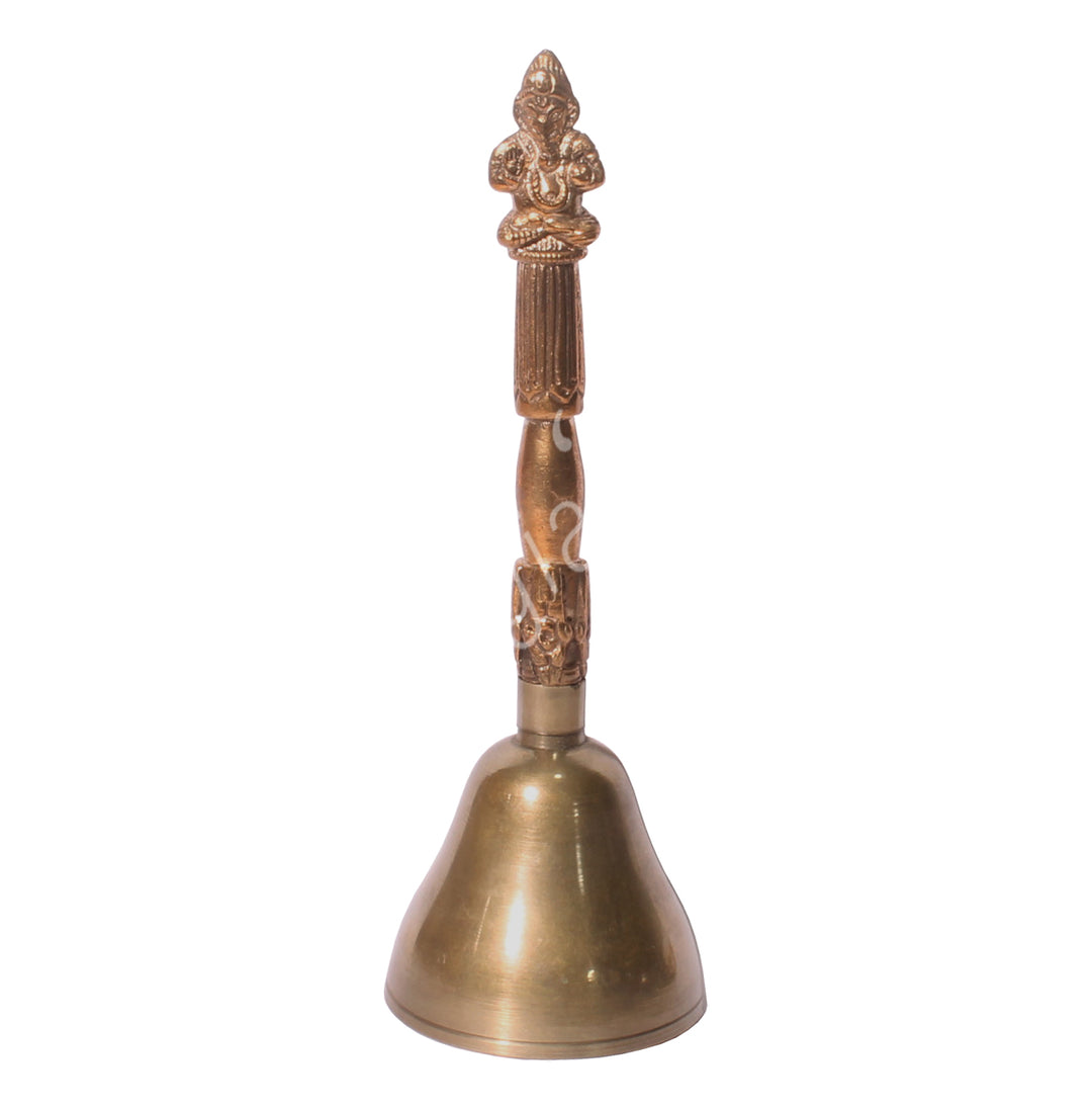 A plain bell featuring a Ganesha brass figurine a the end of the handle.