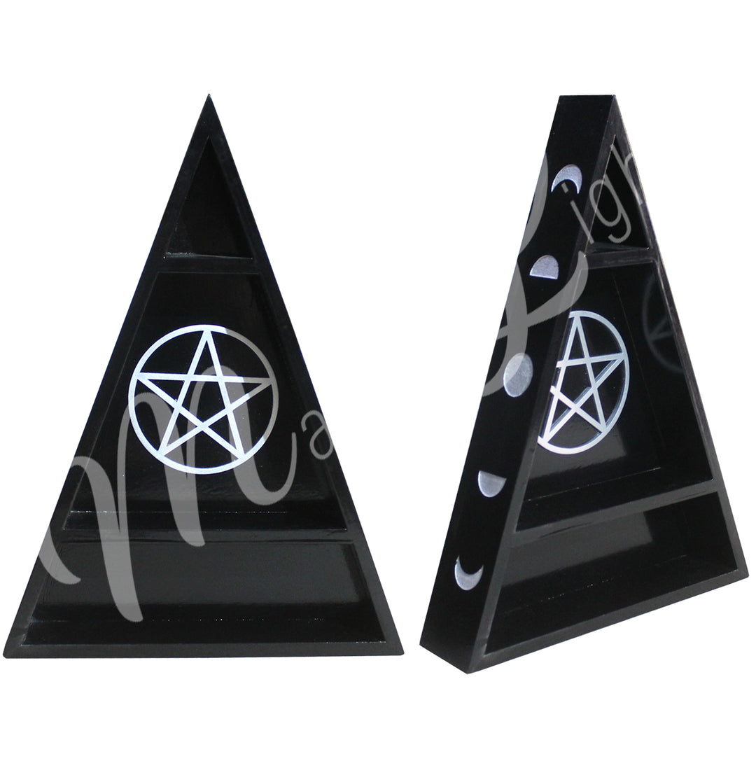 STONES DISPLAY TRIANGLE WITH MOONS BLACK WOOD 10.75″W X 15″H