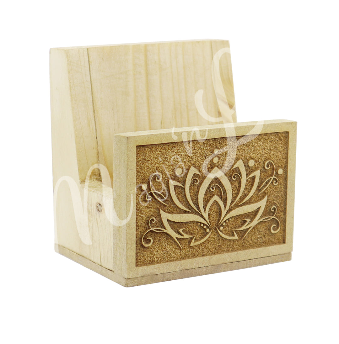 A wooden stand for slices, featuring an engraved lotus flower design at the front.