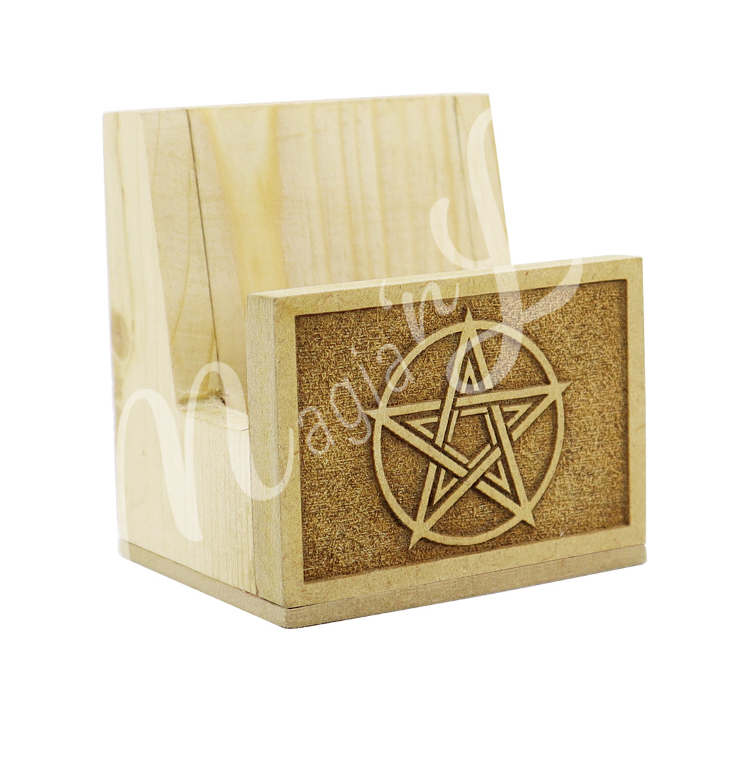 A wooden stand for slices, featuring an engraved pentacle design at the front.