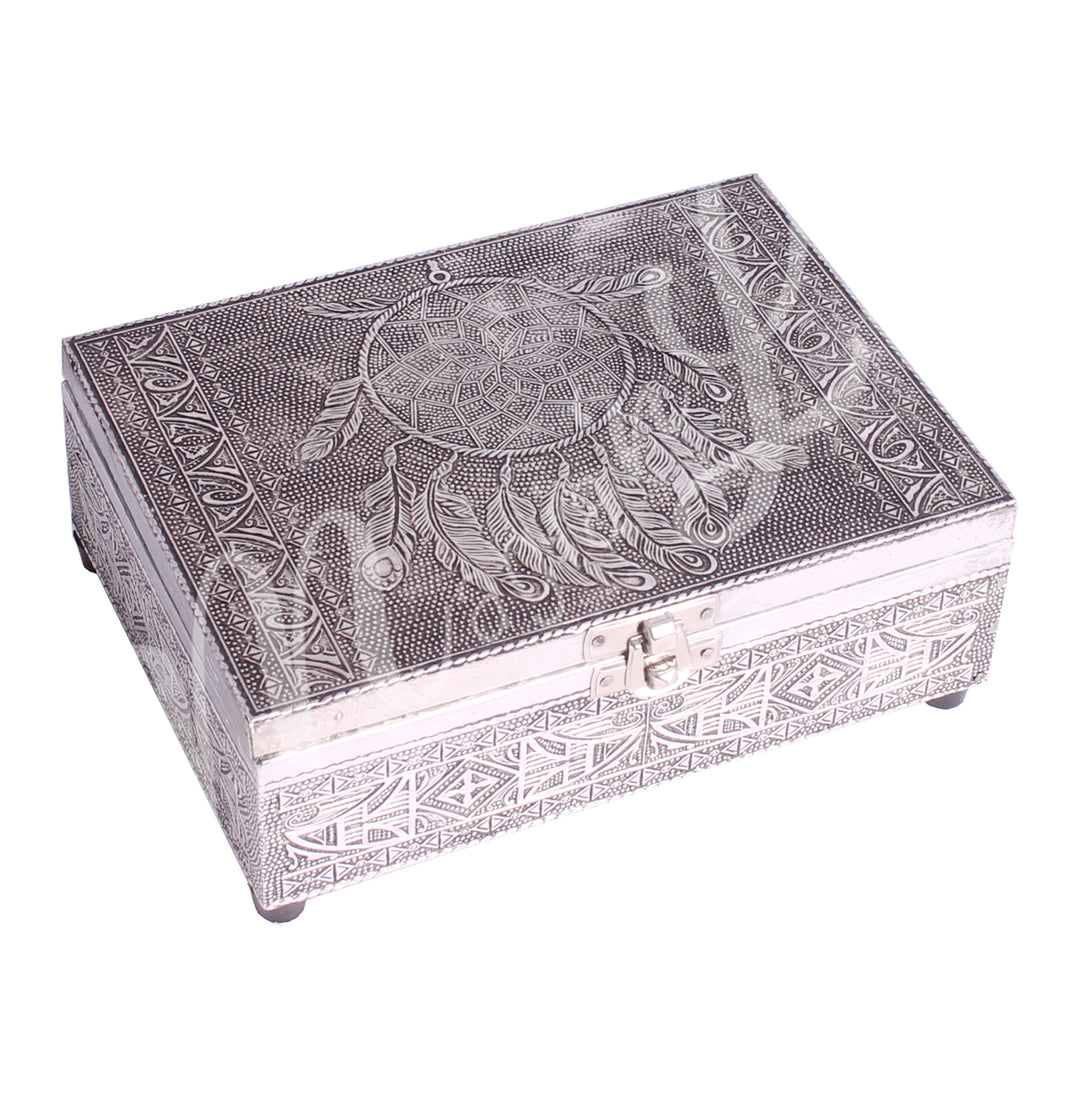 A rectangular silver-toned box ornate with dreamcatcher symbols. The lid features a dreamcatcher.