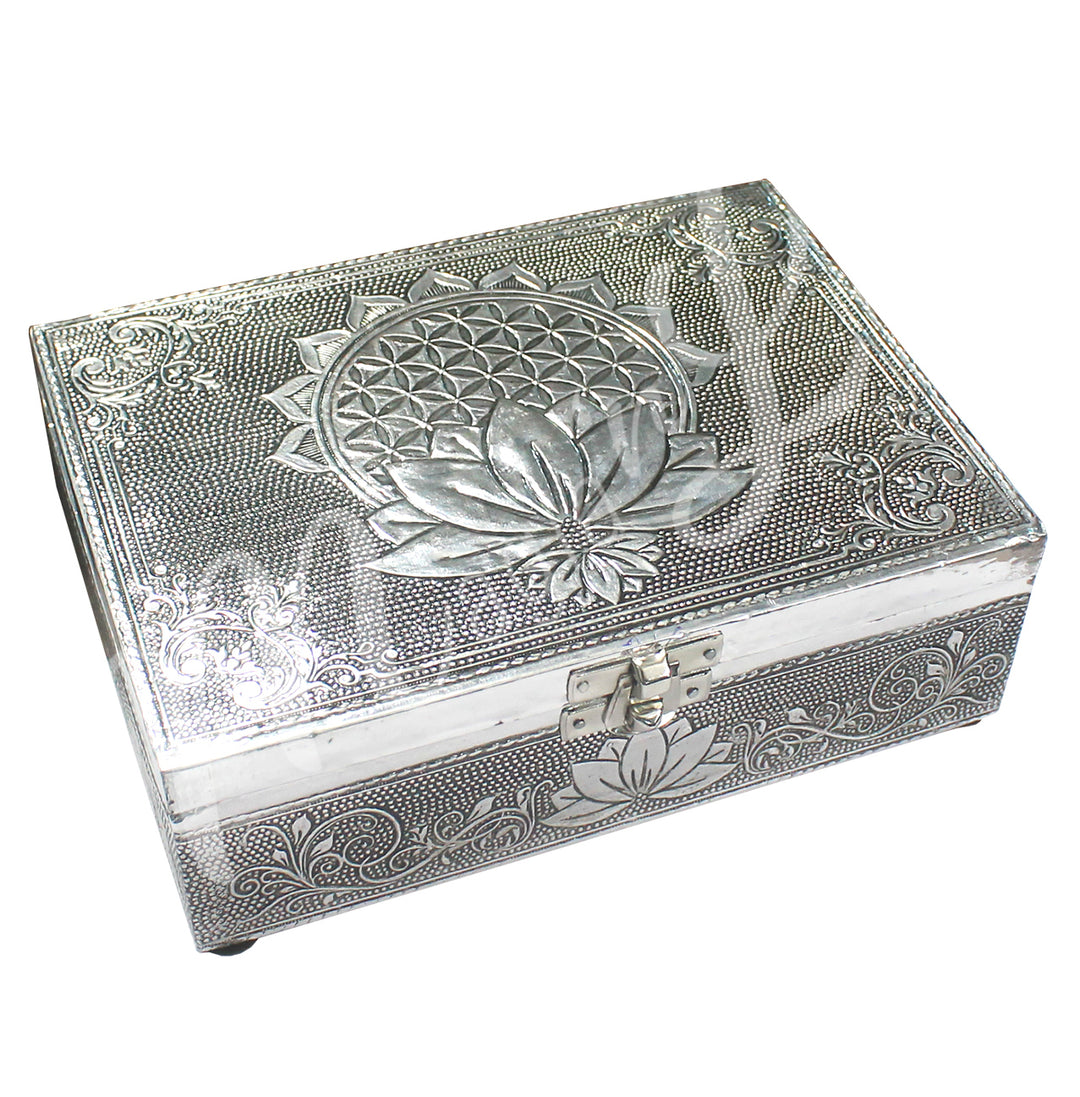 A rectangular silver-toned box ornate with a lotus flower and natural design. The lid features a Lotus flower on a flower of life.