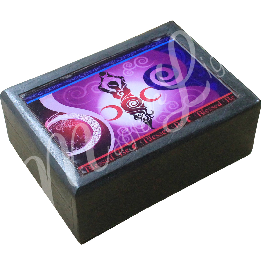 A printed wooden box features a Goddess and a triple moon design in purple and dark blue colors.