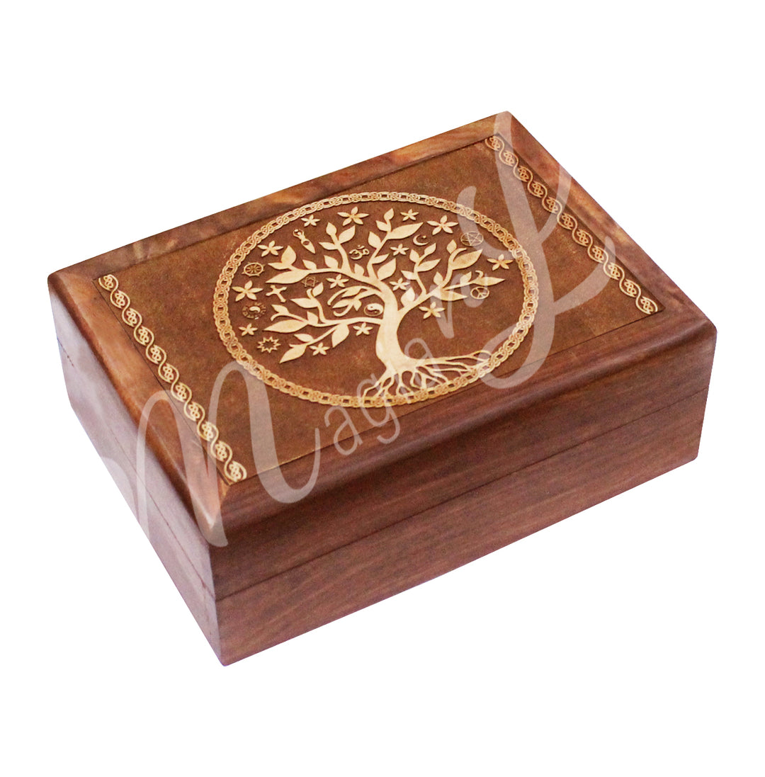 A box made of acacia wood. The lid features a laser-engraved Tree of Life.