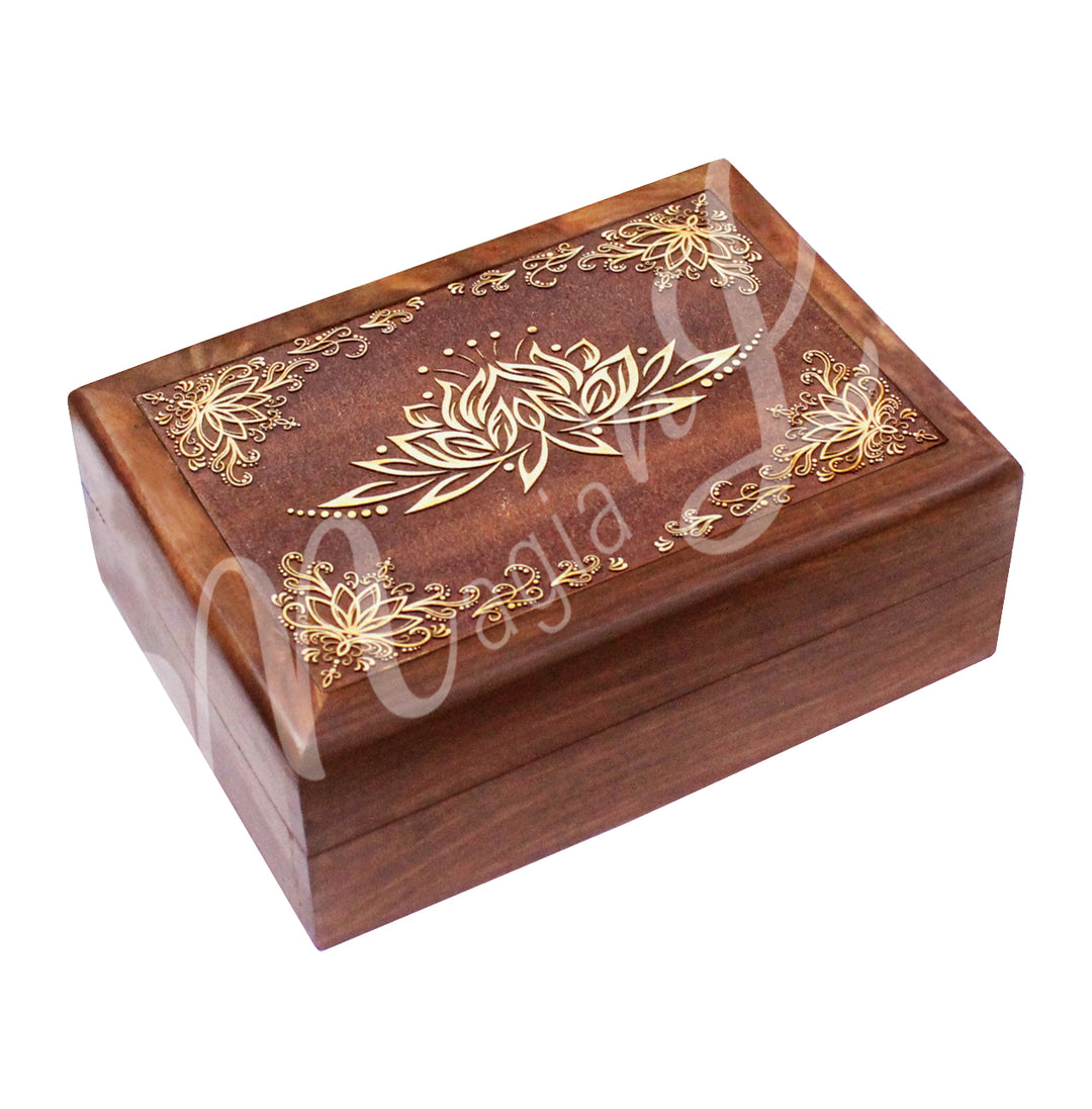 A box made of acacia wood. The lid features a laser-engraved lotus flower at the center, with a lotus flower engraved in each corner.