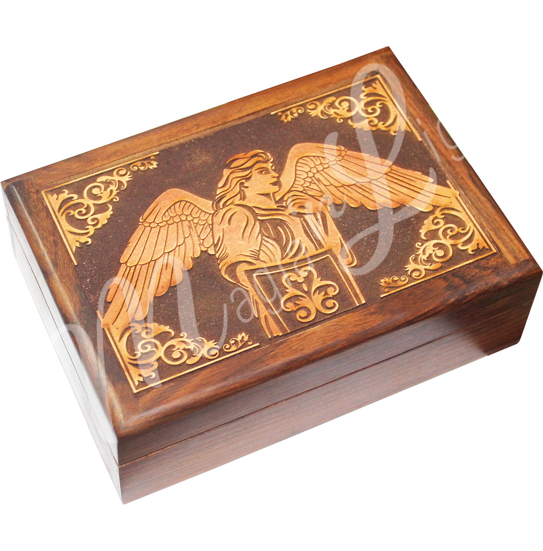 A box made of acacia wood. The lid features a laser-engraved archangel.