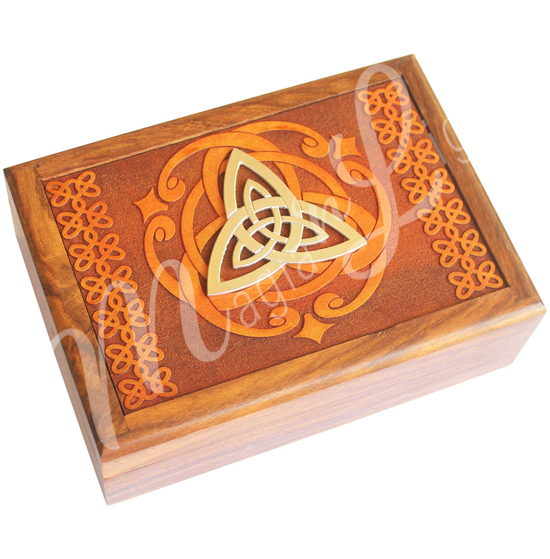 A box made of acacia wood. The lid features a Triquetra symbol.