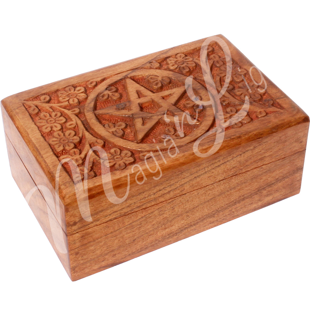 A box made of acacia wood. The lid is hand carved with a pentacle design.