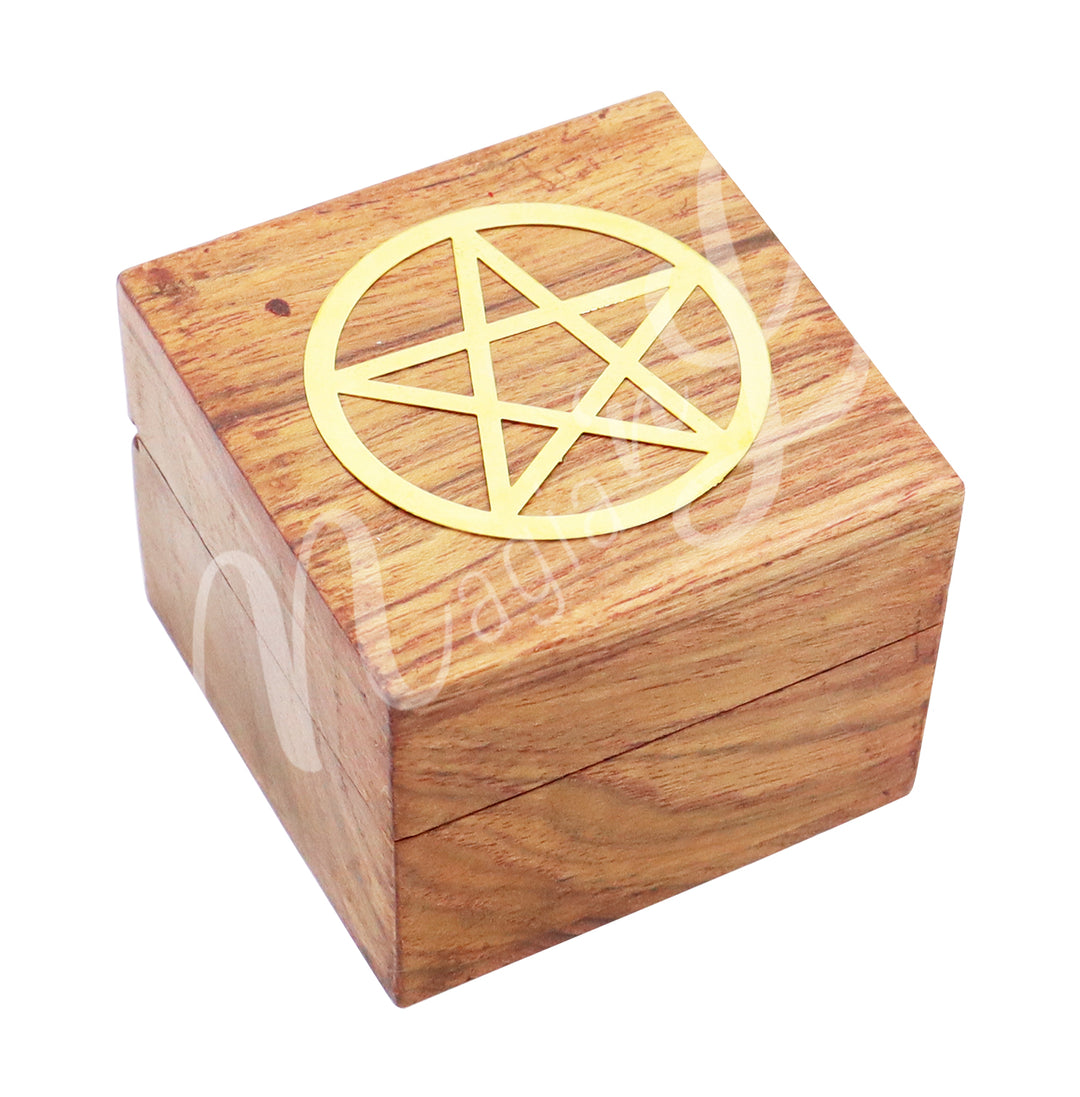 A box made of acacia wood. The lid is adorned with a brass pentacle.