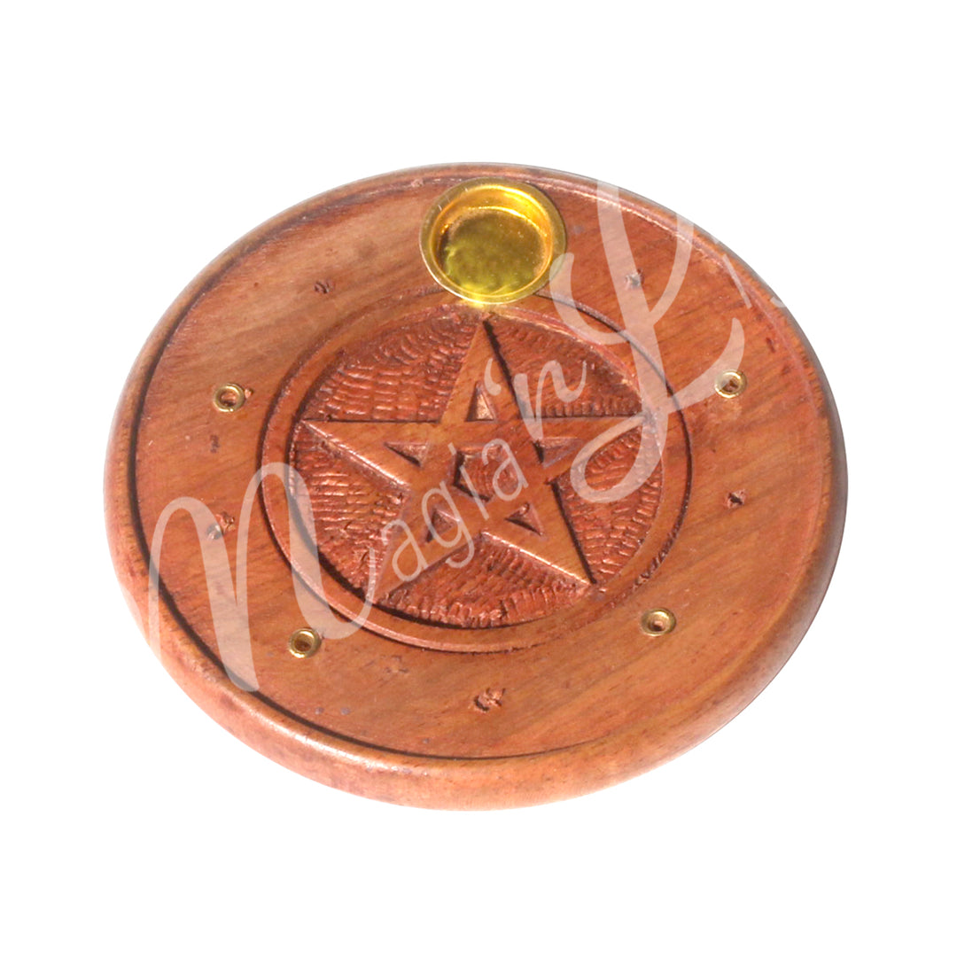 Incense Holder Round Wood Pentacle