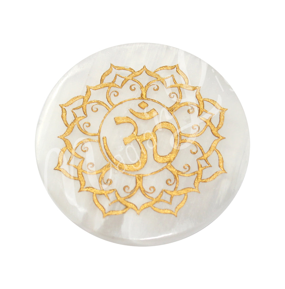 Incense Holder Selenite Engraved Gold OM in Lotus