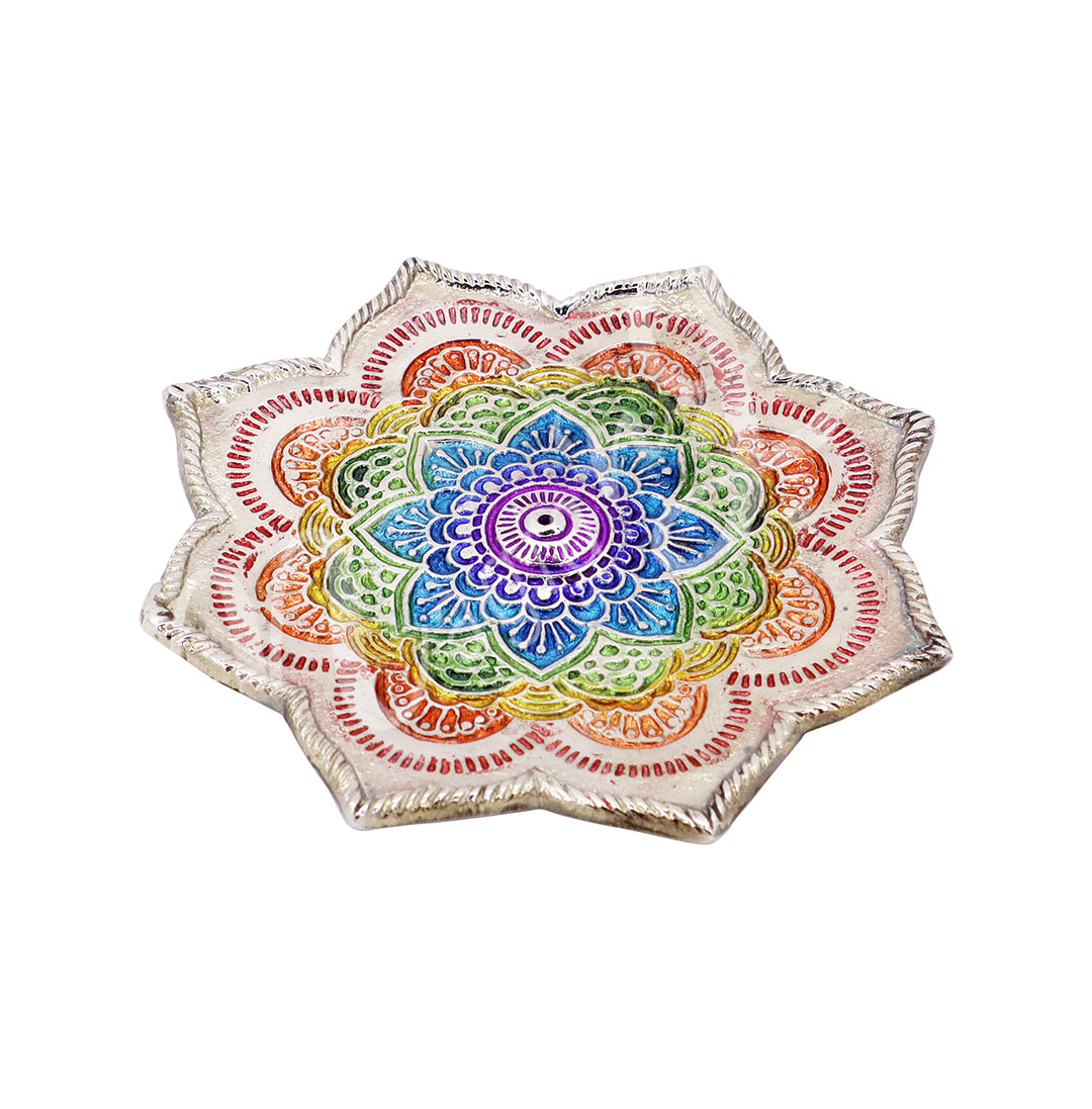 Incense Holder White Metal Lotus w Chakra Colors