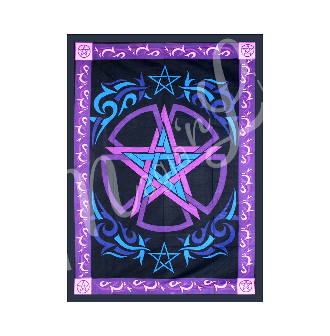 A decorative tapestry featuring a purple and blue Celtic pentacle design with ornate borders.