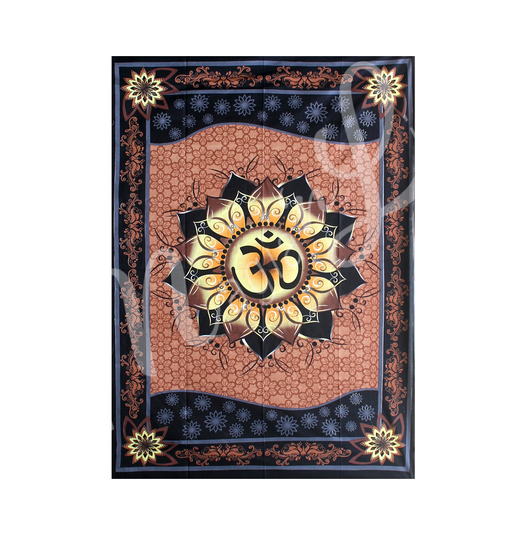 A tapestry featuring a central lotus flower with a OM symbol, surrounded by a border with similar floral and geometric patterns, in a brown and black color.
