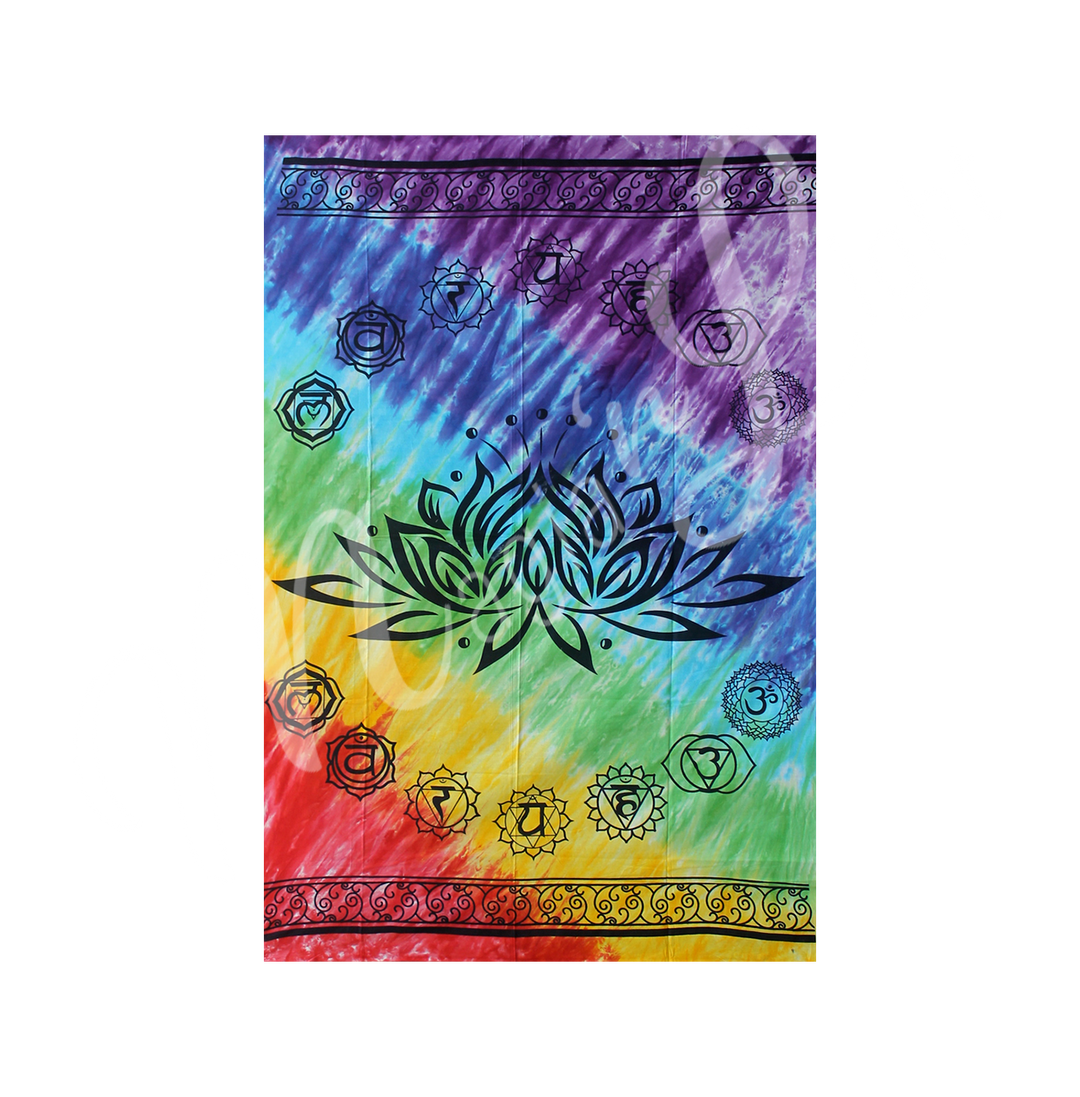 A multicolored tapestry featuring a lotus flower design with chakra symbols around it.