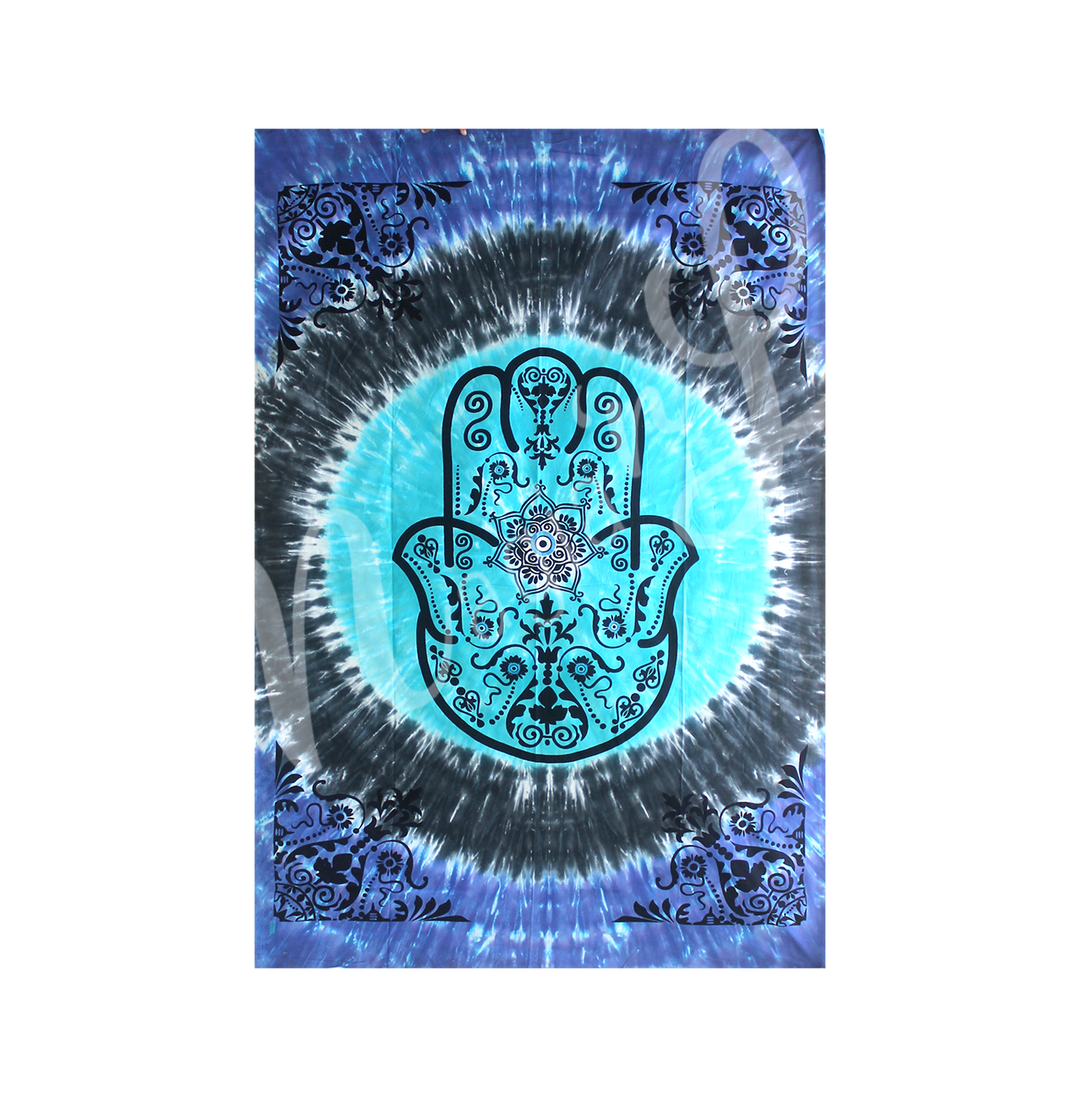 A tapestry featuring the Hand of Fatima symbol on a blue tie-dye background.