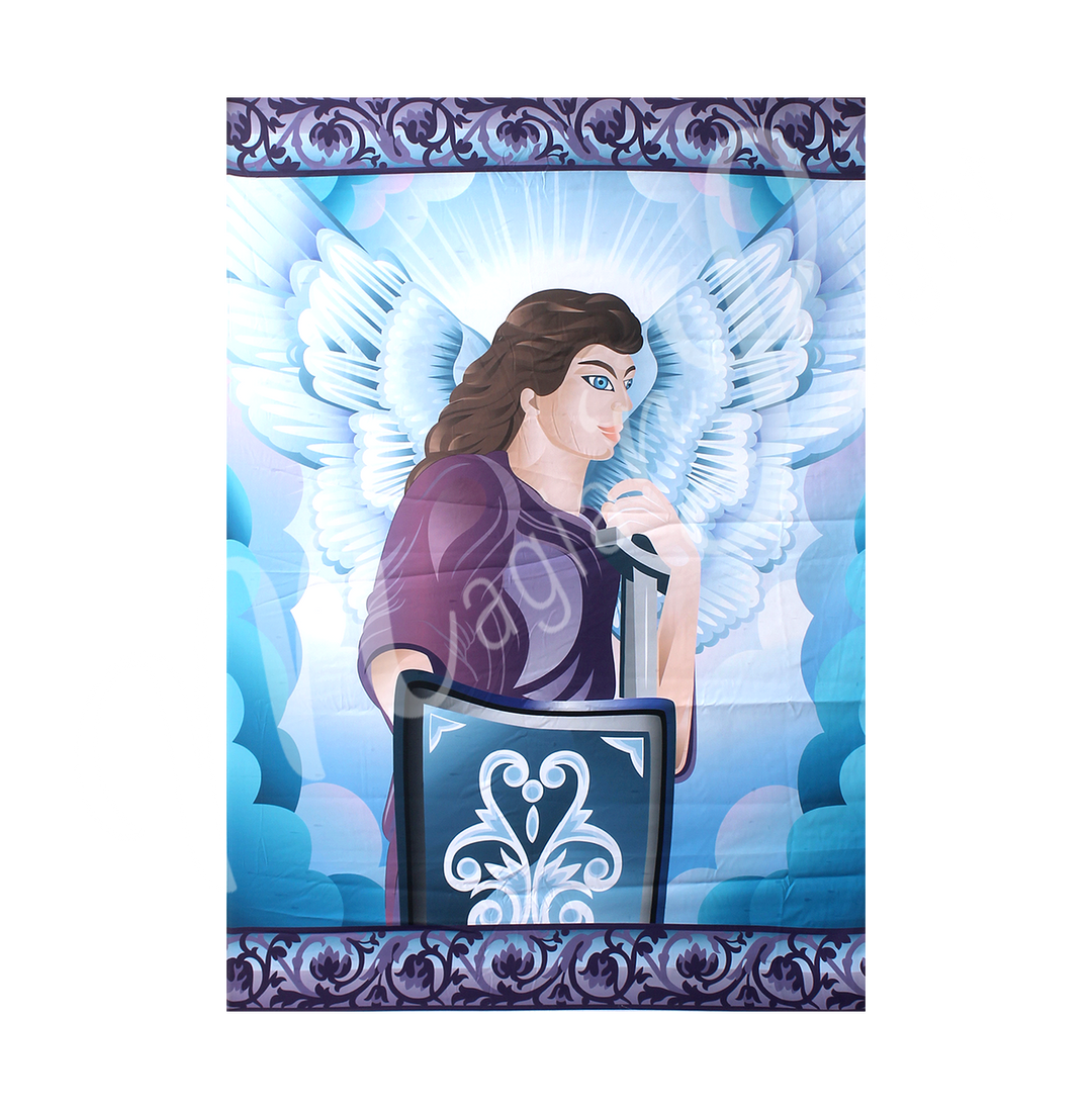 A tapestry featuring a gardian angel with his sword and shield in the sky.