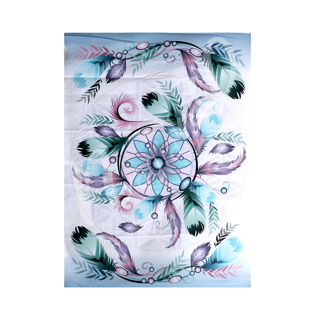 A tapestry featuring a dreamcatcher with feathers.