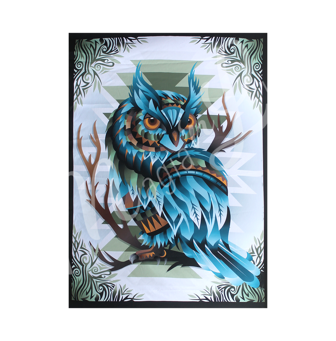 A tapestry featuring an owl perched on a branch in the center, with foliage in corners.