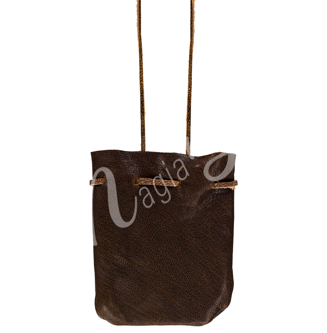A brown bag made of leather with strap.