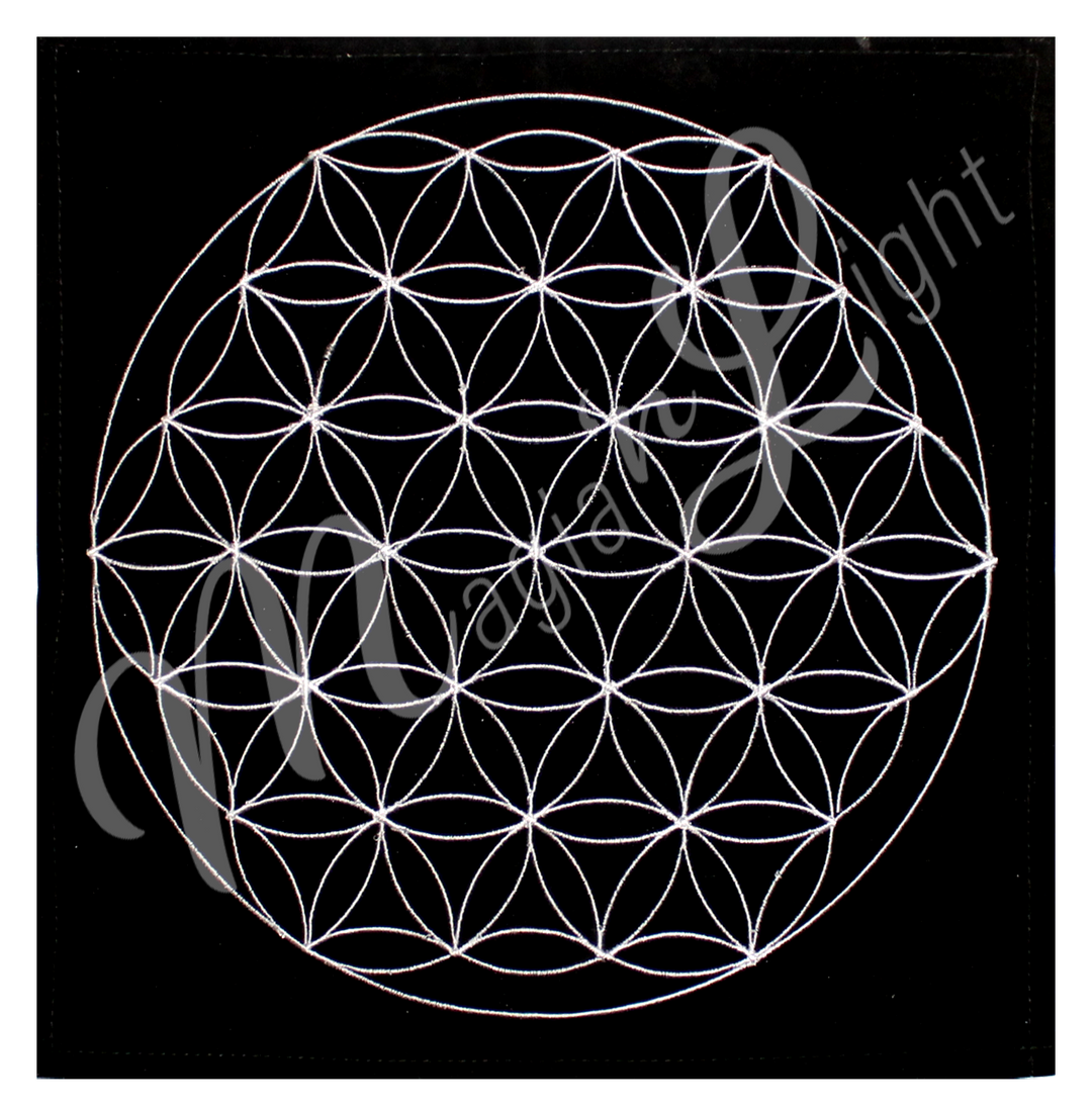 Square velvet crystal grid with a flower of life symbol embroidered in the middle