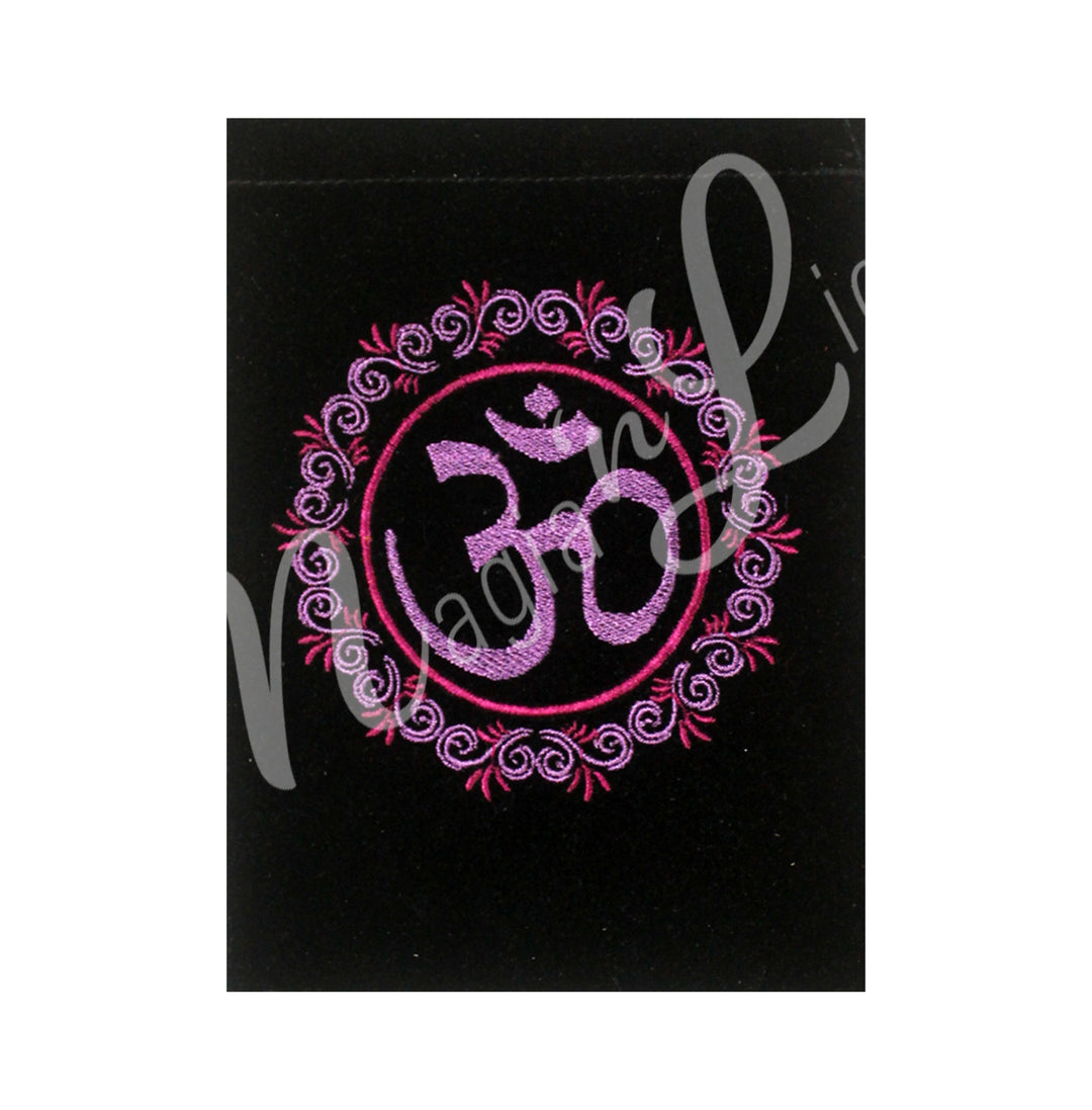 A black bag featuring an embroidered OM design in pink color.