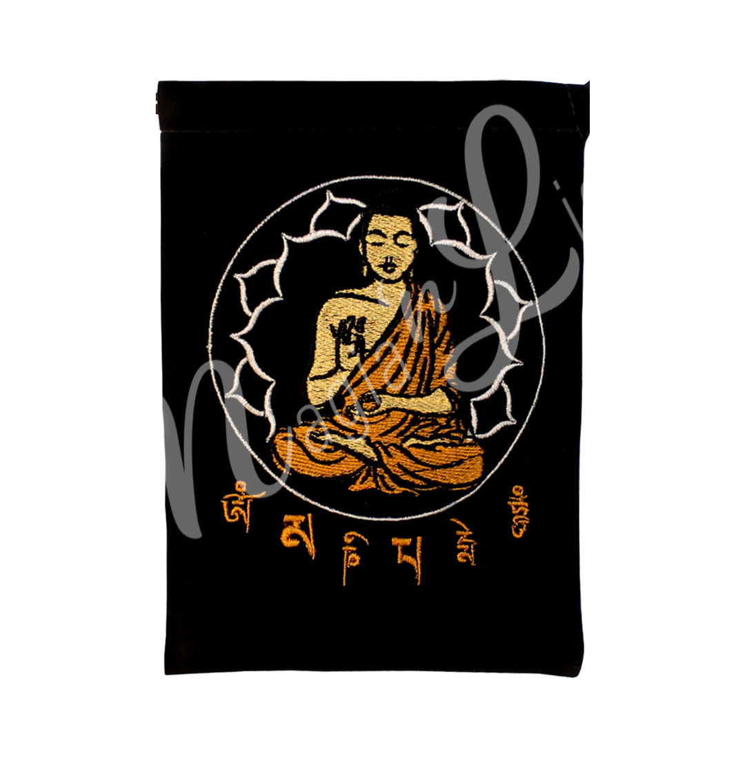 A black bag featuring an embroidered of a meditate buddha.