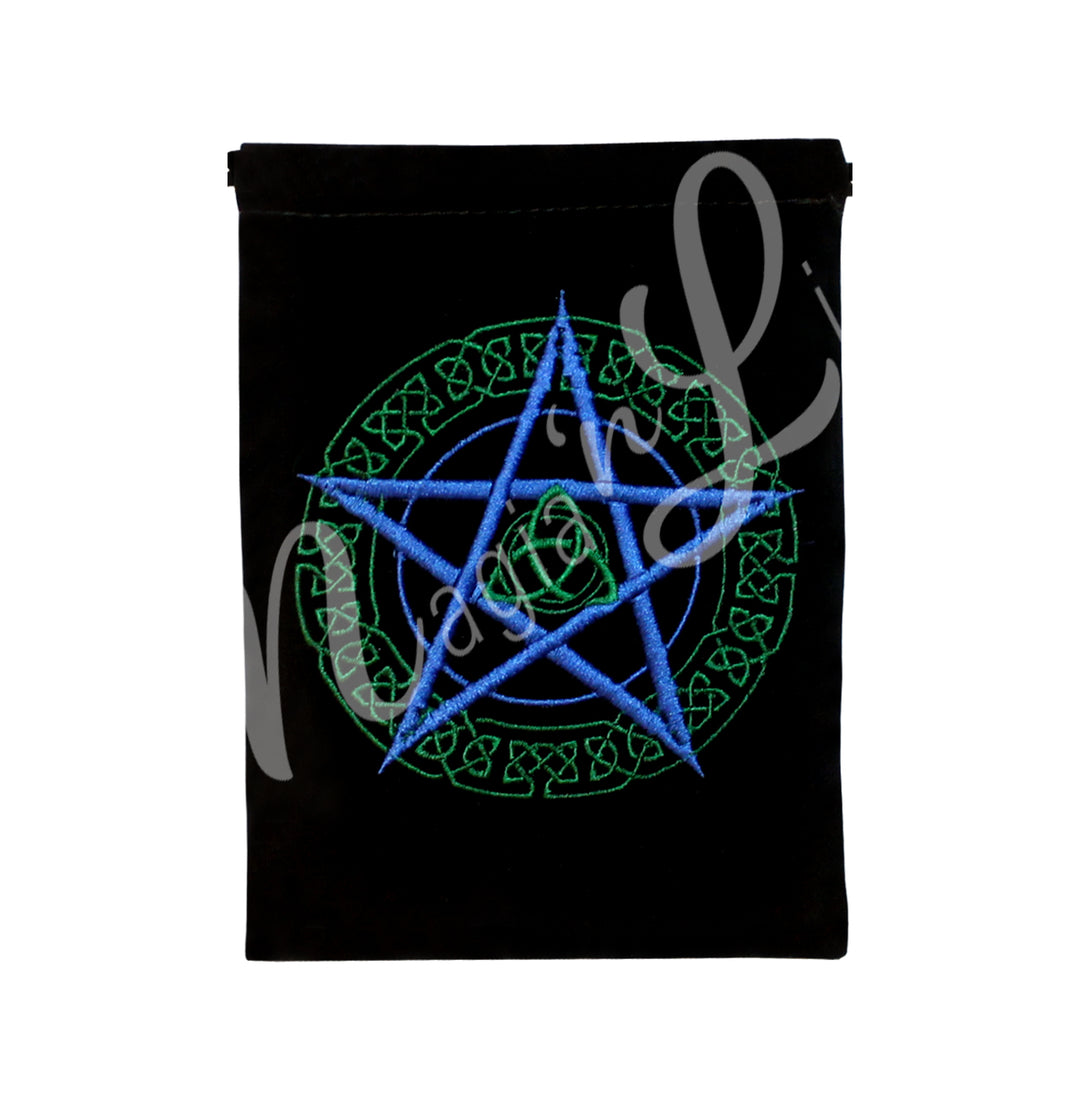 A black bag featuring an embroidered blue pentacle and a green Celtic knot surrounding it, with a triquetra at the center of the pentacle.