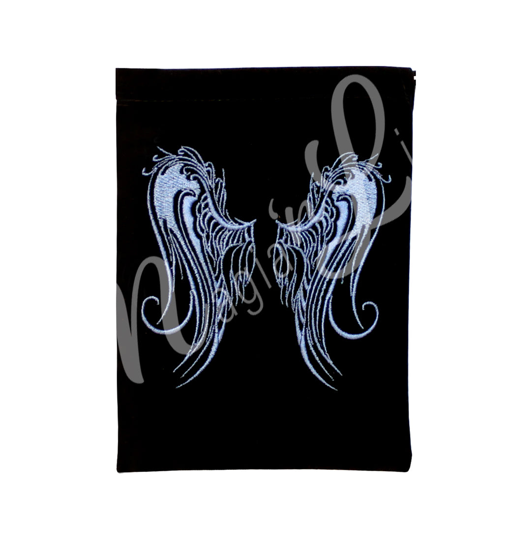 A black velvet bag a gray angel wings design embroidery.