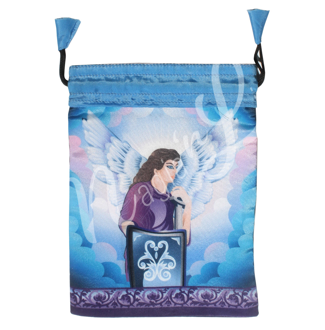 A blue drawstring pouch with a mystical design featuring an angel in purple and blue tones, surrounded by decorative cloud motifs.