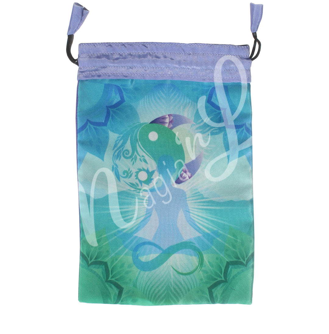 A gray drawstring pouch with a mystical design featuring a blue yogi and a green infinite symbol, surrounded by natural motifs.