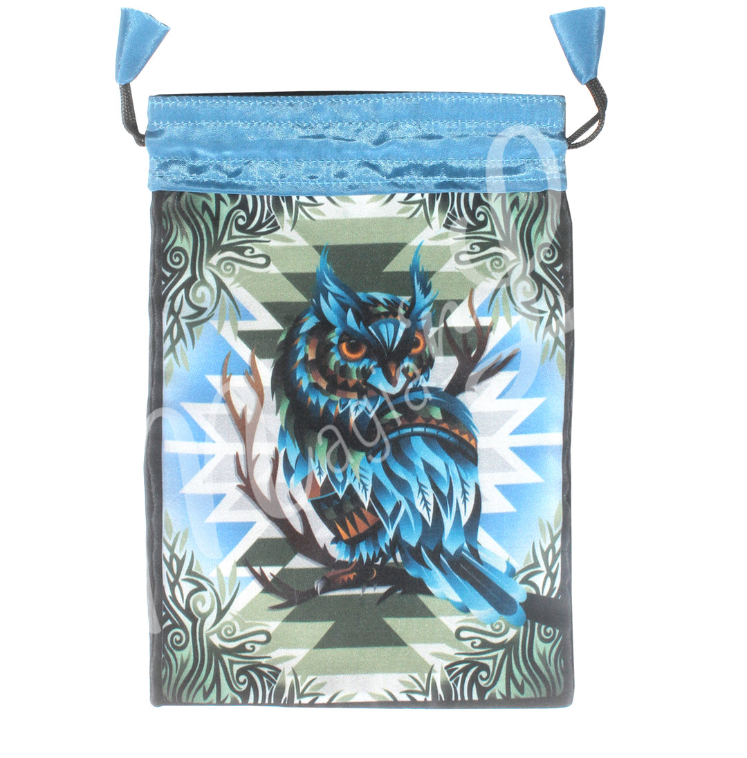 A turquoise drawstring pouch with a mystical design featuring an owl in green and blue tones, surrounded by natural decorative motifs.