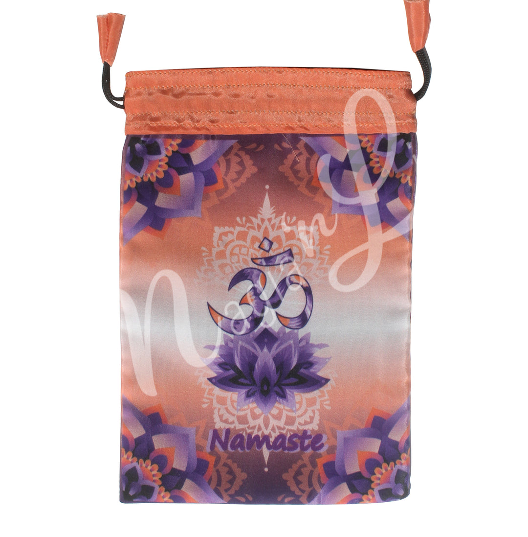 An orange drawstring pouch with a mystical design featuring an OM in purple and orange tones, surrounded by decorative lotus flower motifs.